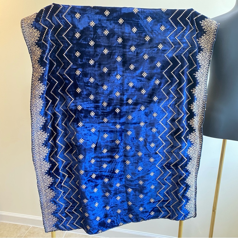 Blue and silver velvet shawl